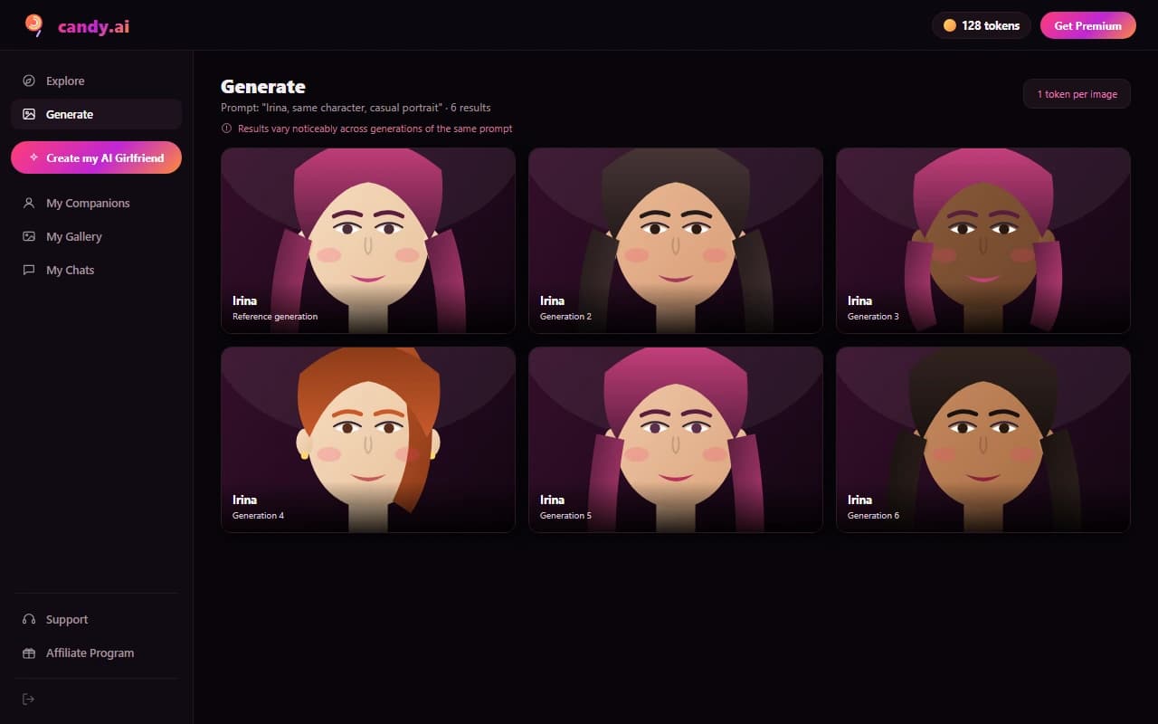 Candy AI image generation results grid showing generated companion images