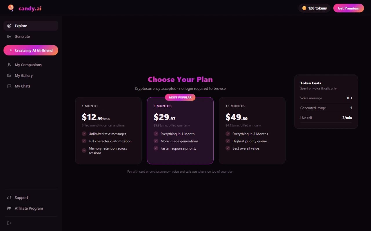 Candy AI subscription pricing plans with monthly, quarterly, and annual options