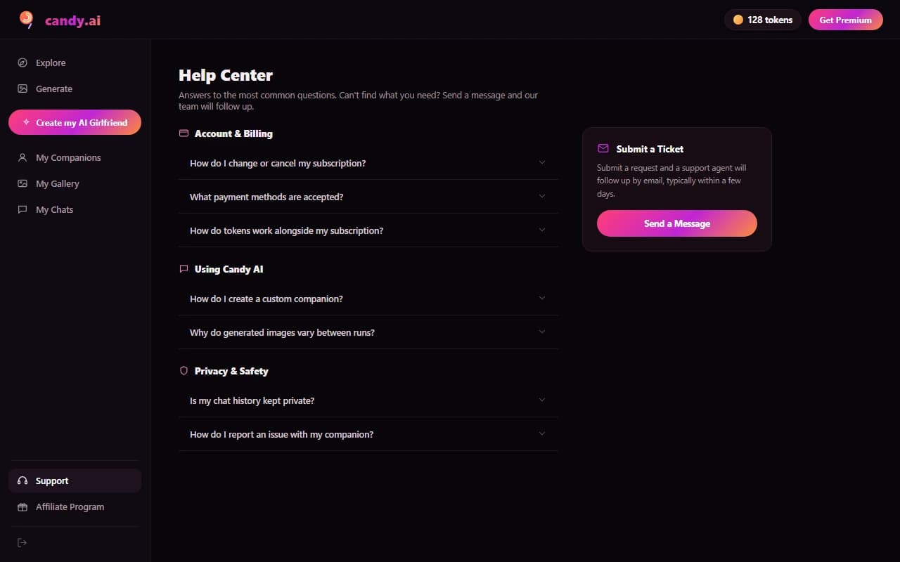 Candy AI help center page with FAQ categories and a support contact panel