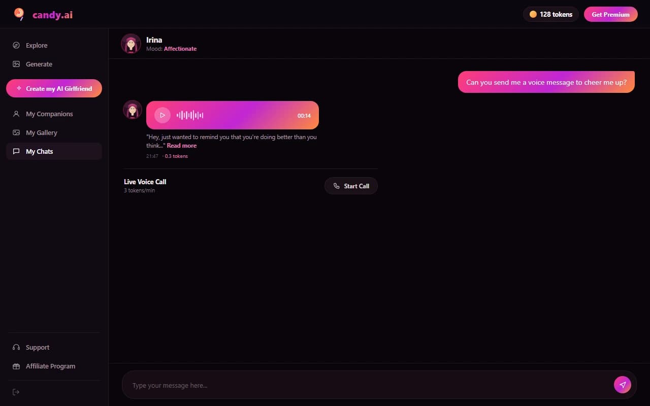Candy AI voice message bubble with waveform and duration in a chat conversation