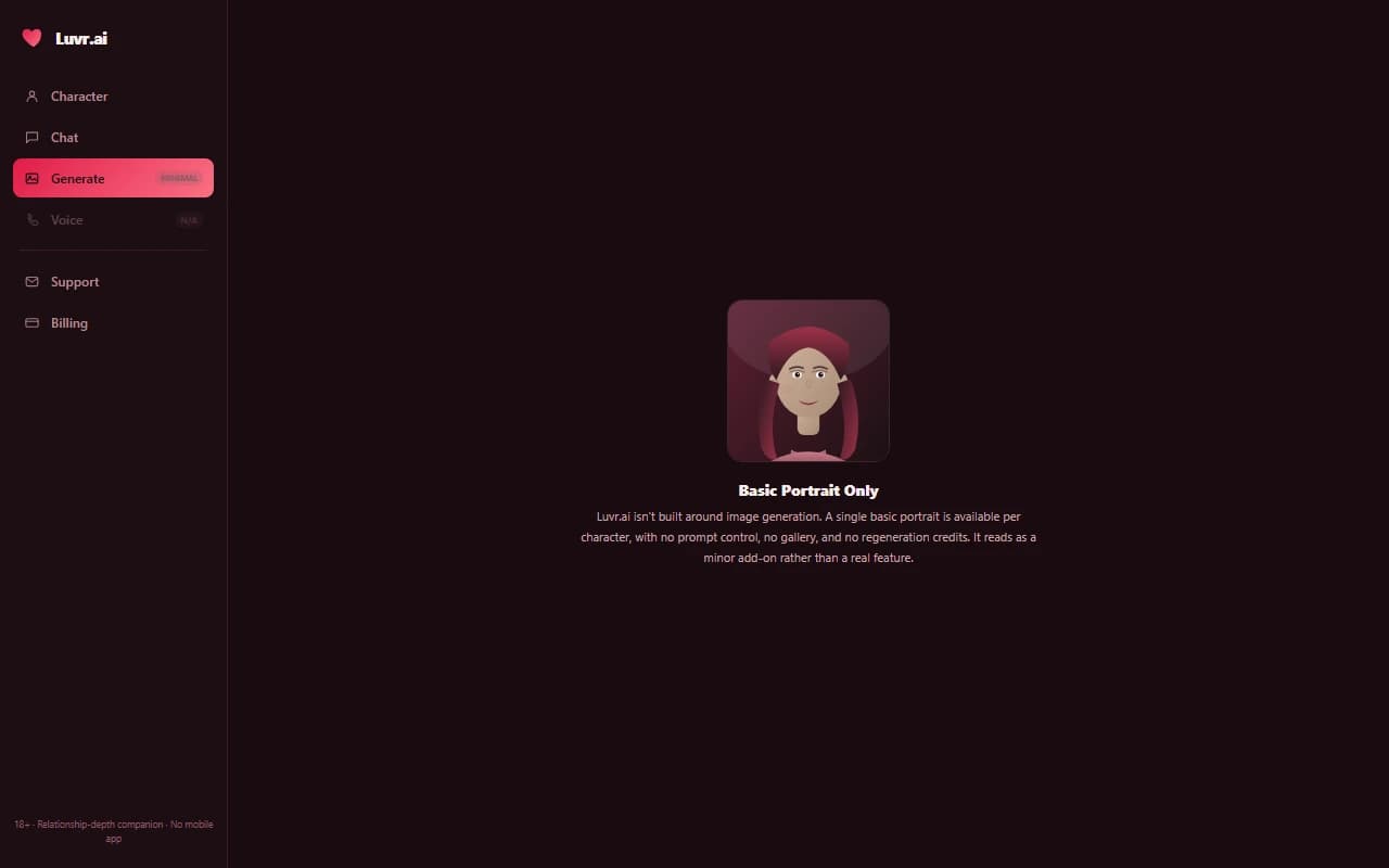 Luvr.ai generate screen showing the platform's minimal, secondary image generation option