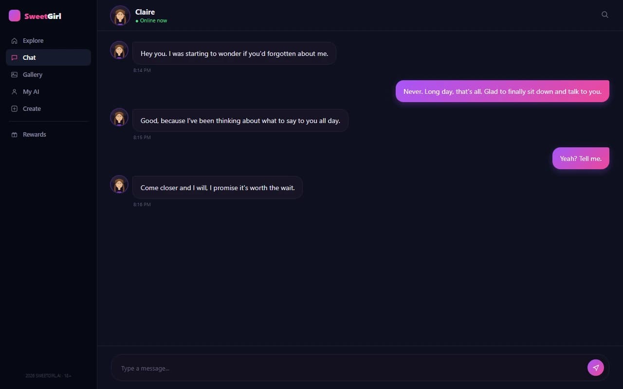 SweetGirl chat interface showing a conversation with a realistic-style AI companion