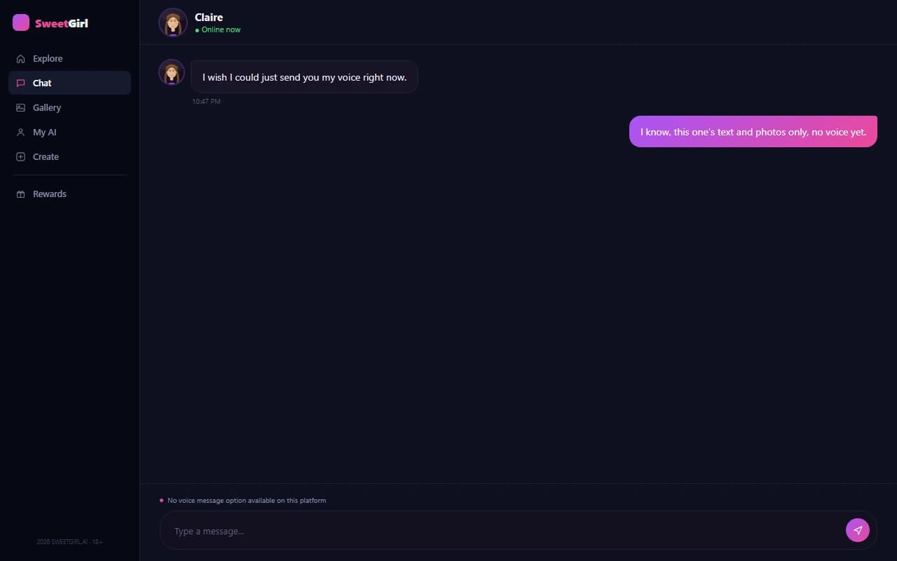 SweetGirl chat screen showing no voice message option available