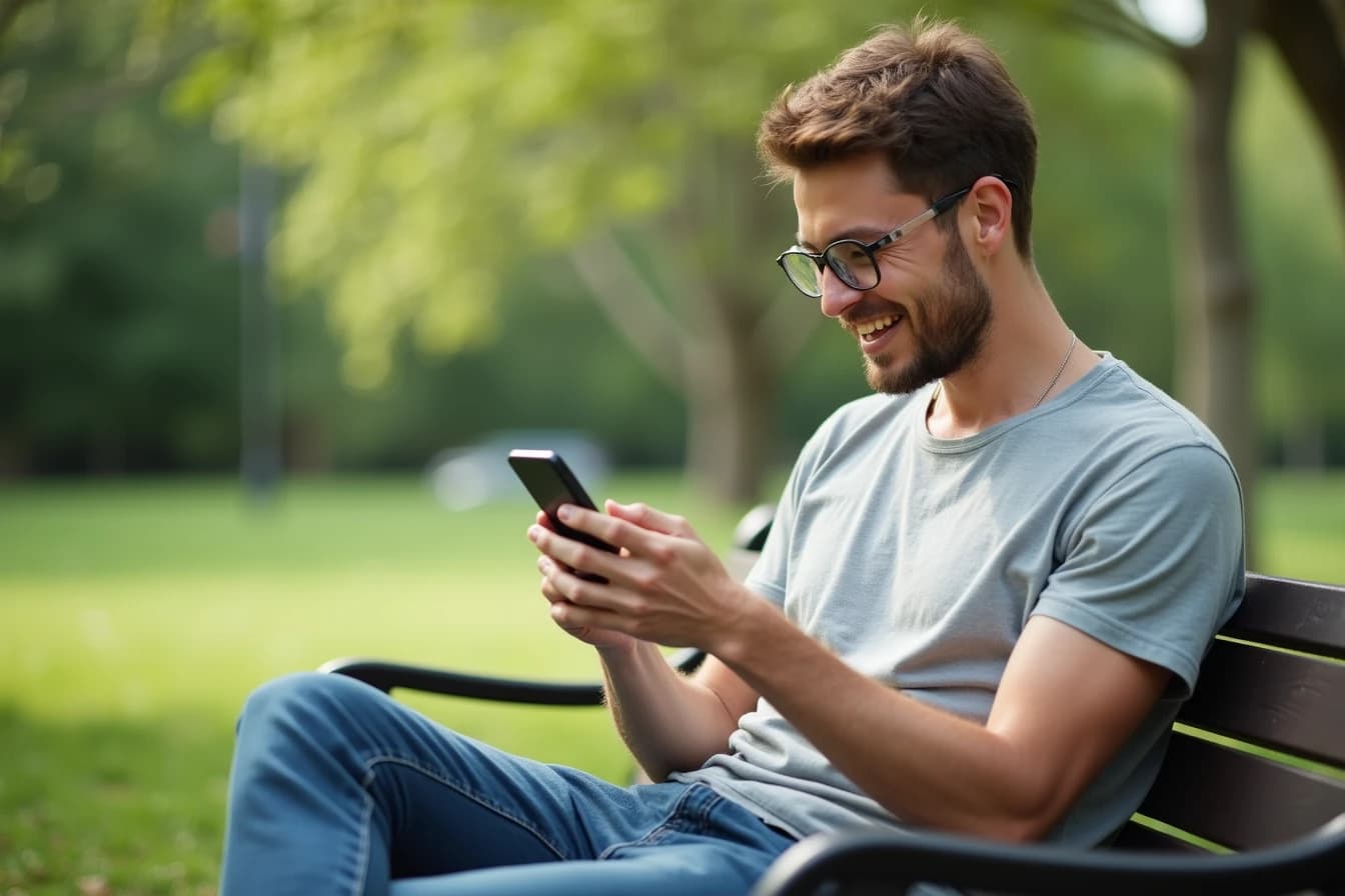 Young man sitting on a park bench scrolling his smartphone with an amused expression