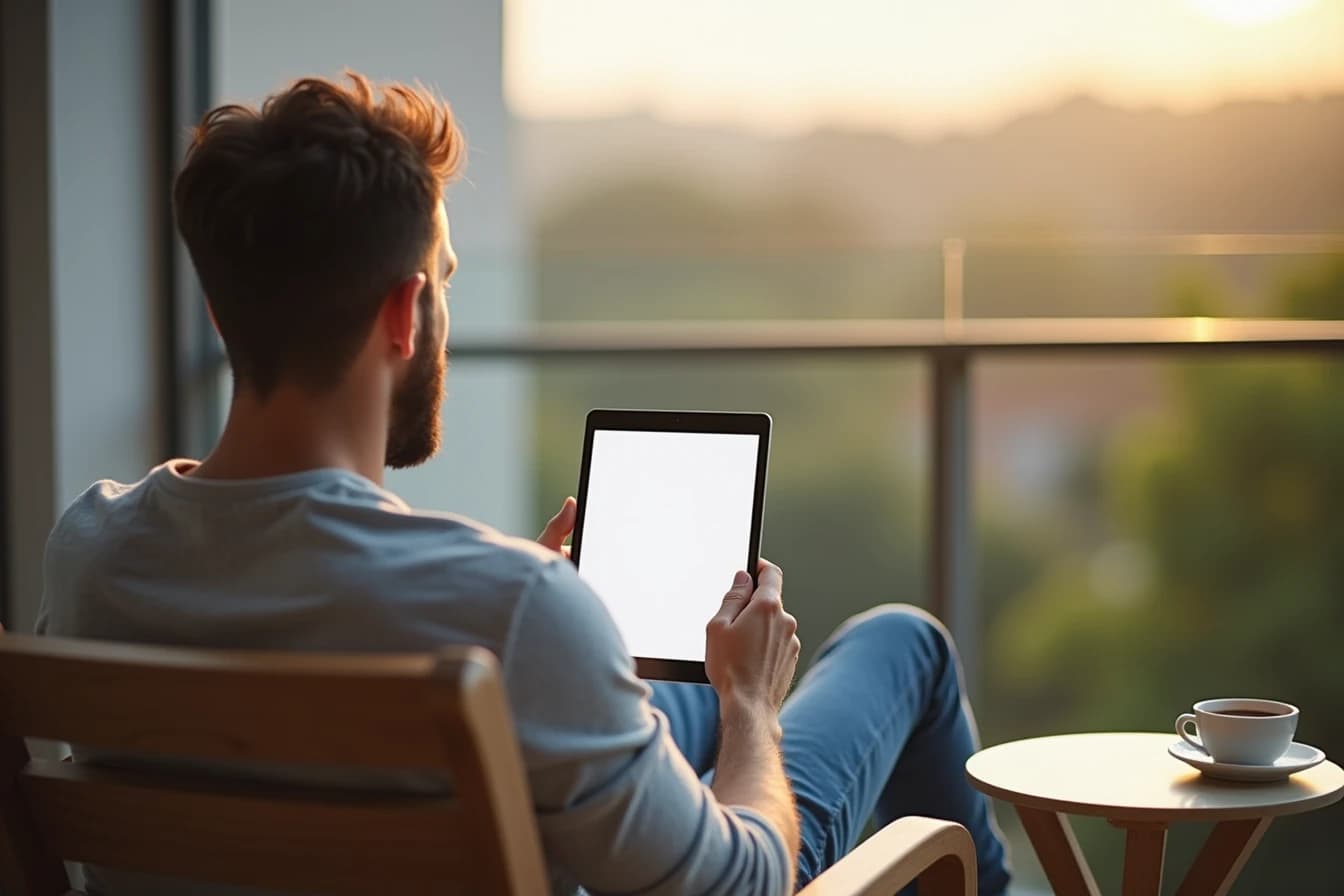 Man relaxing on a balcony using a tablet on a weekend morning
