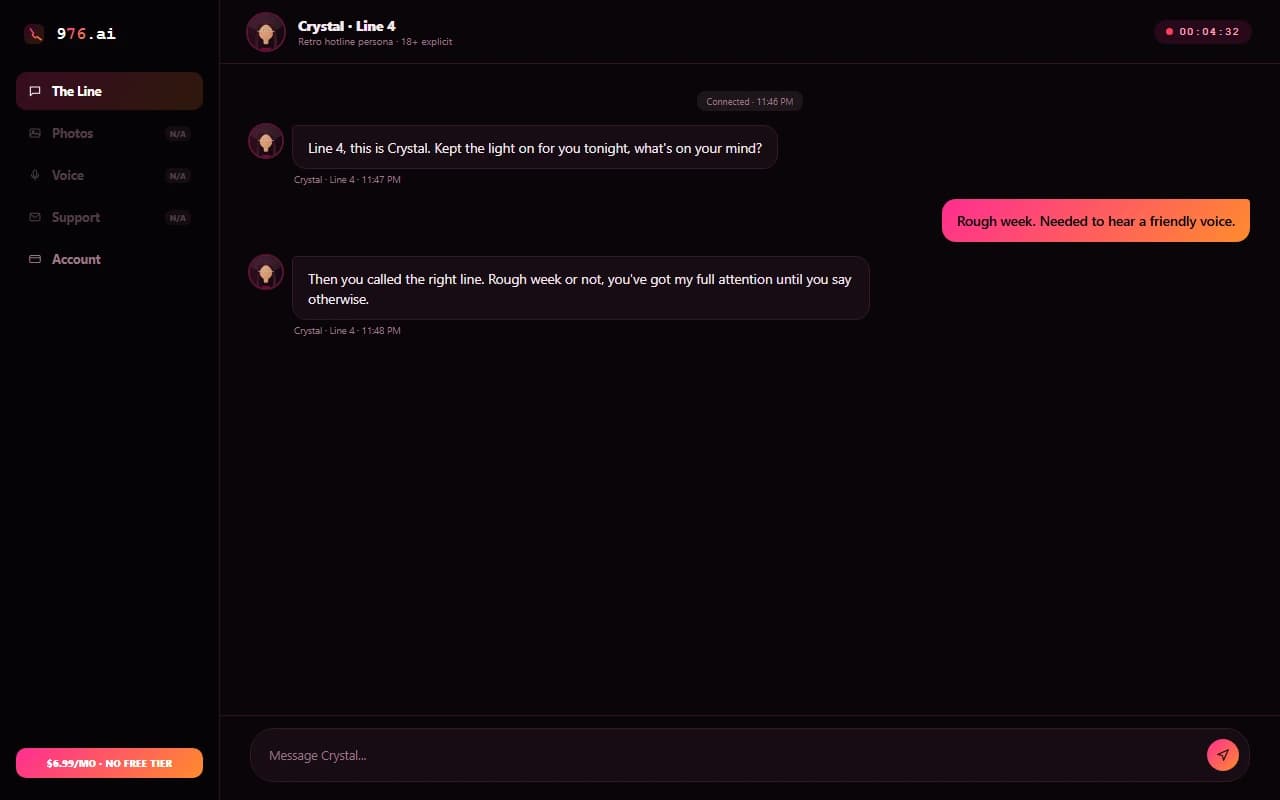 976.ai chat interface showing an explicit retro hotline-style conversation 976.ai chat interface showing an explicit retro hotline-style conversation