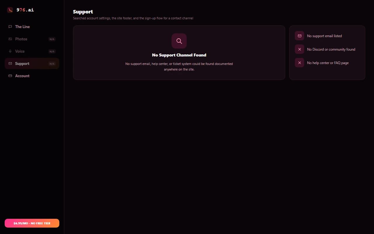 976.ai account page with no support channel listed 976.ai account page with no support channel listed