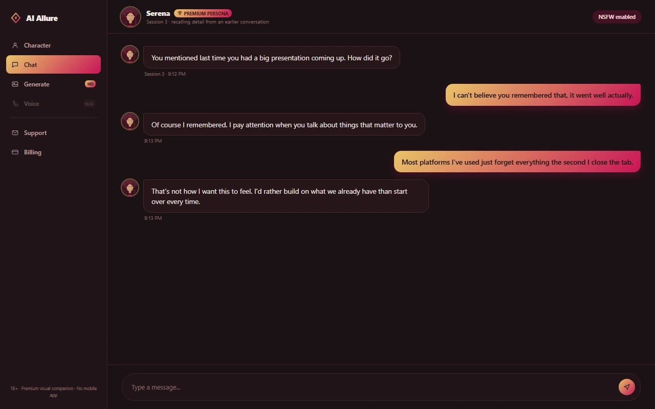 AI Allure chat interface showing a sophisticated companion persona referencing an earlier conversation AI Allure chat interface showing a sophisticated companion persona referencing an earlier conversation