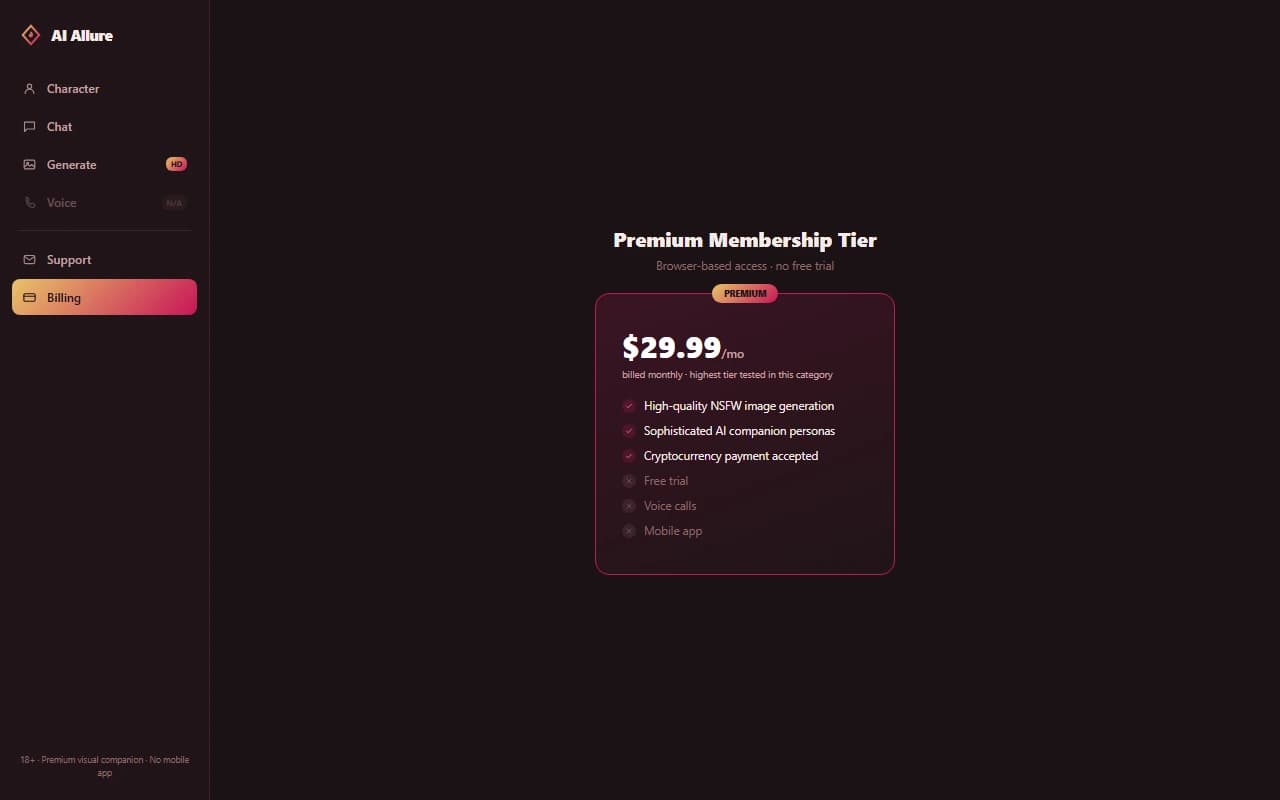 AI Allure pricing page showing the single $29.99 per month premium membership tier AI Allure pricing page showing the single $29.99 per month premium membership tier