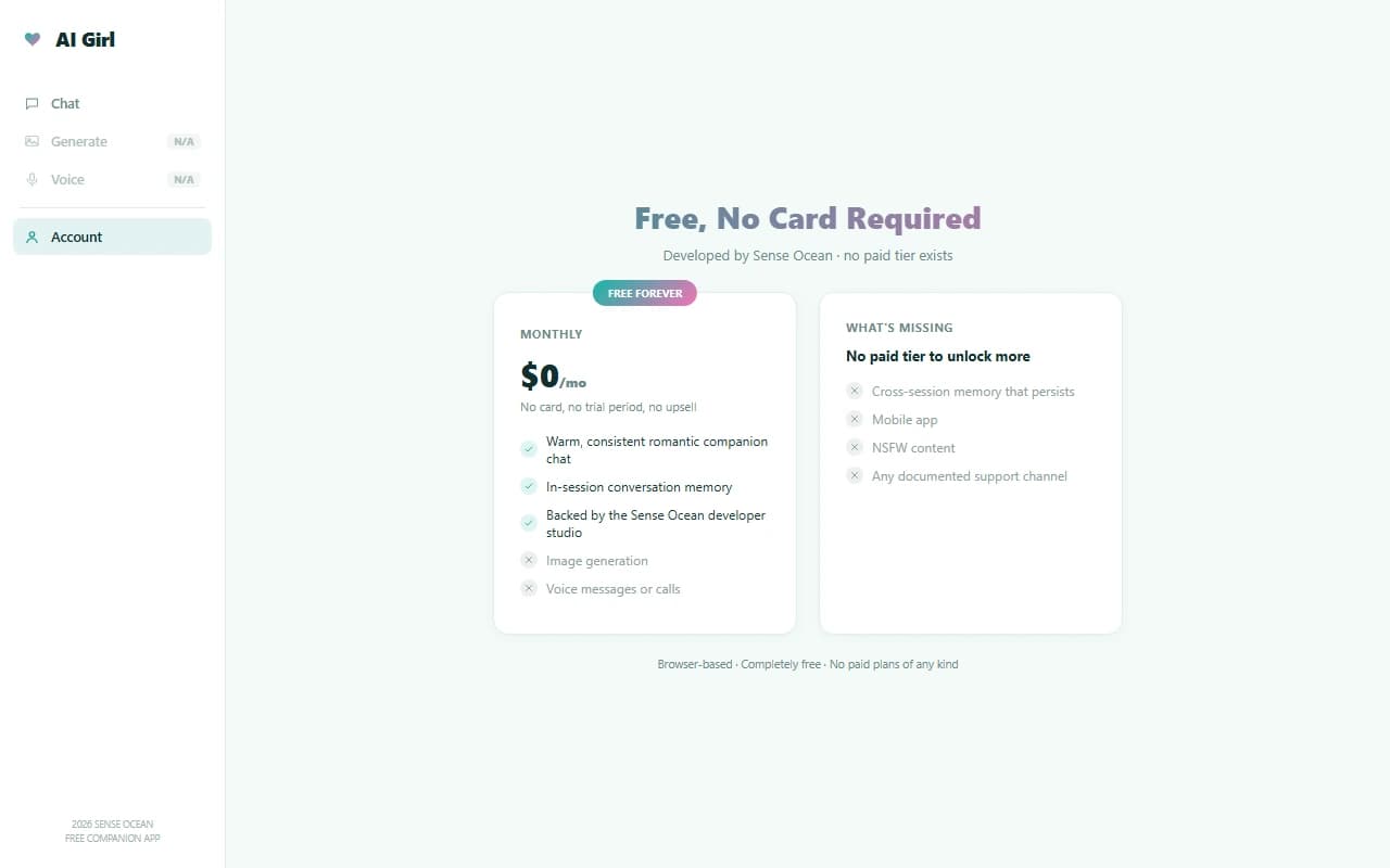 AI Girl by Sense Ocean pricing page showing free access with no paid tiers AI Girl by Sense Ocean pricing page showing free access with no paid tiers