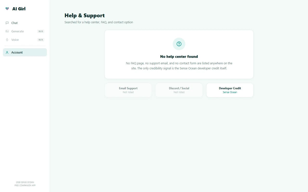 AI Girl by Sense Ocean site showing no help center or support contact information AI Girl by Sense Ocean site showing no help center or support contact information