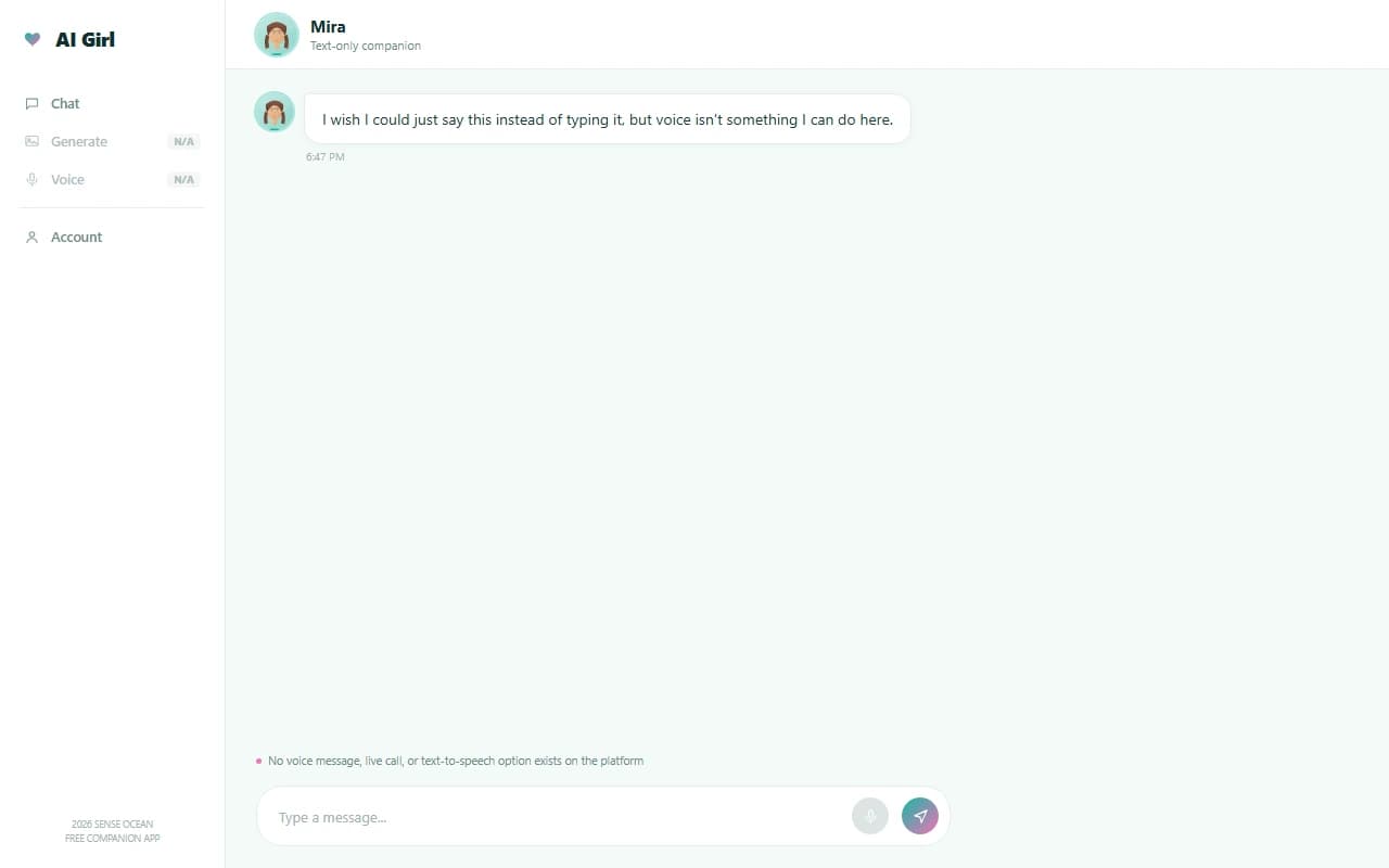 AI Girl by Sense Ocean chat composer showing a text-only input with no voice option AI Girl by Sense Ocean chat composer showing a text-only input with no voice option