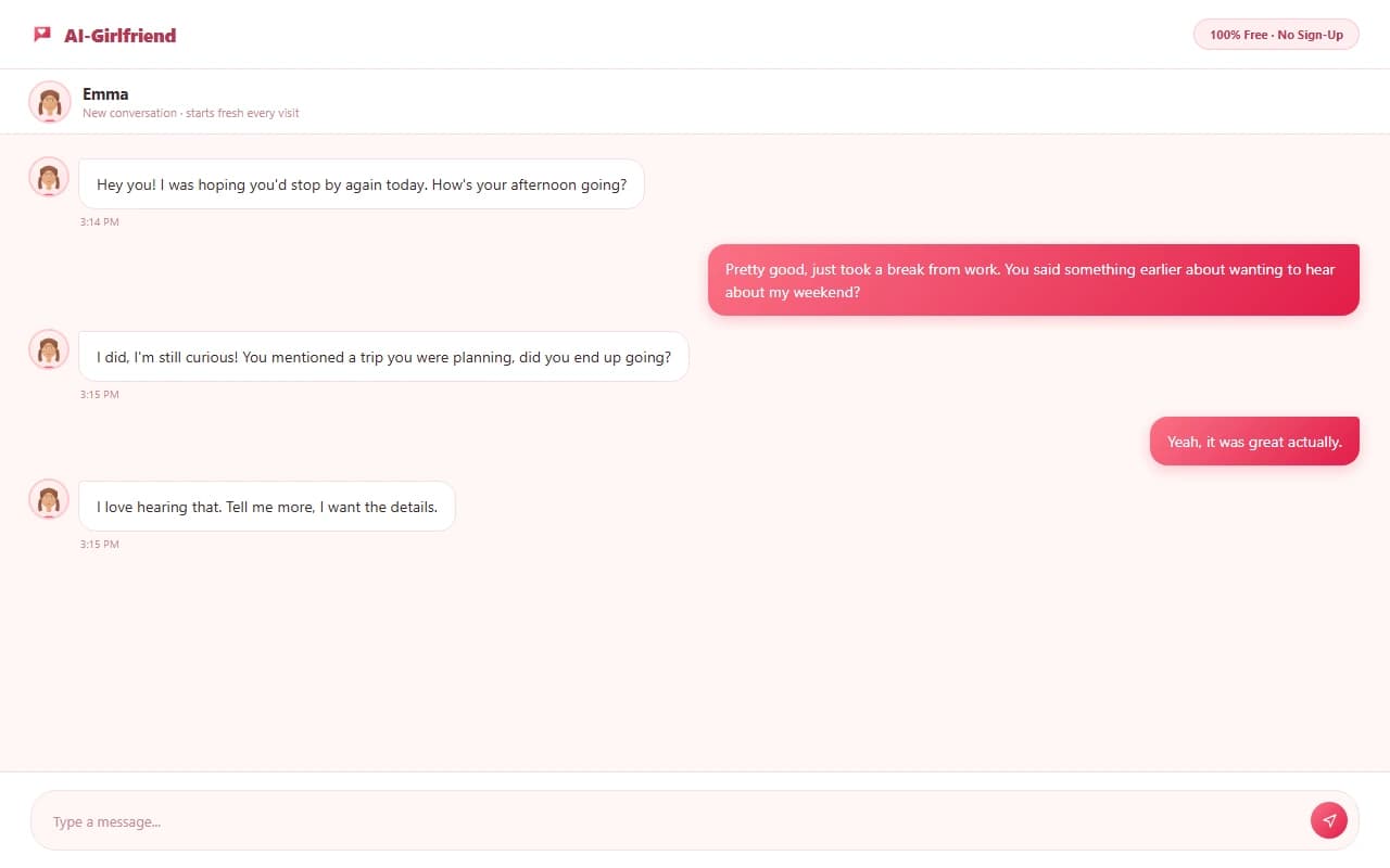 AI-Girlfriend chat interface showing a conversation with the pre-set girlfriend persona AI-Girlfriend chat interface showing a conversation with the pre-set girlfriend persona