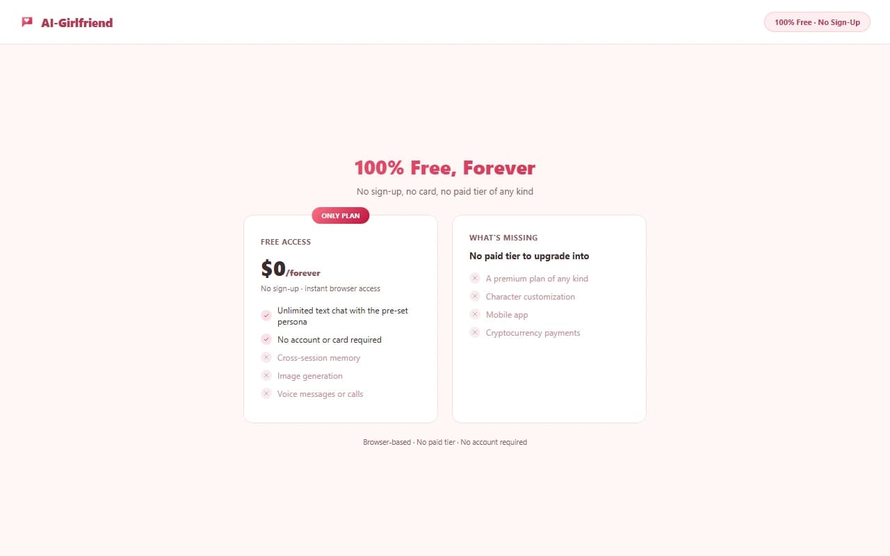 AI-Girlfriend pricing page showing free access with no paid tiers AI-Girlfriend pricing page showing free access with no paid tiers