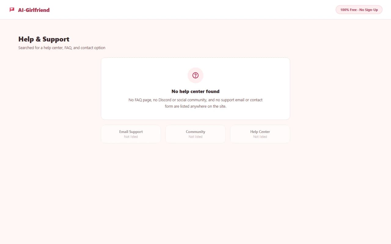 AI-Girlfriend site showing no help center or support contact information AI-Girlfriend site showing no help center or support contact information