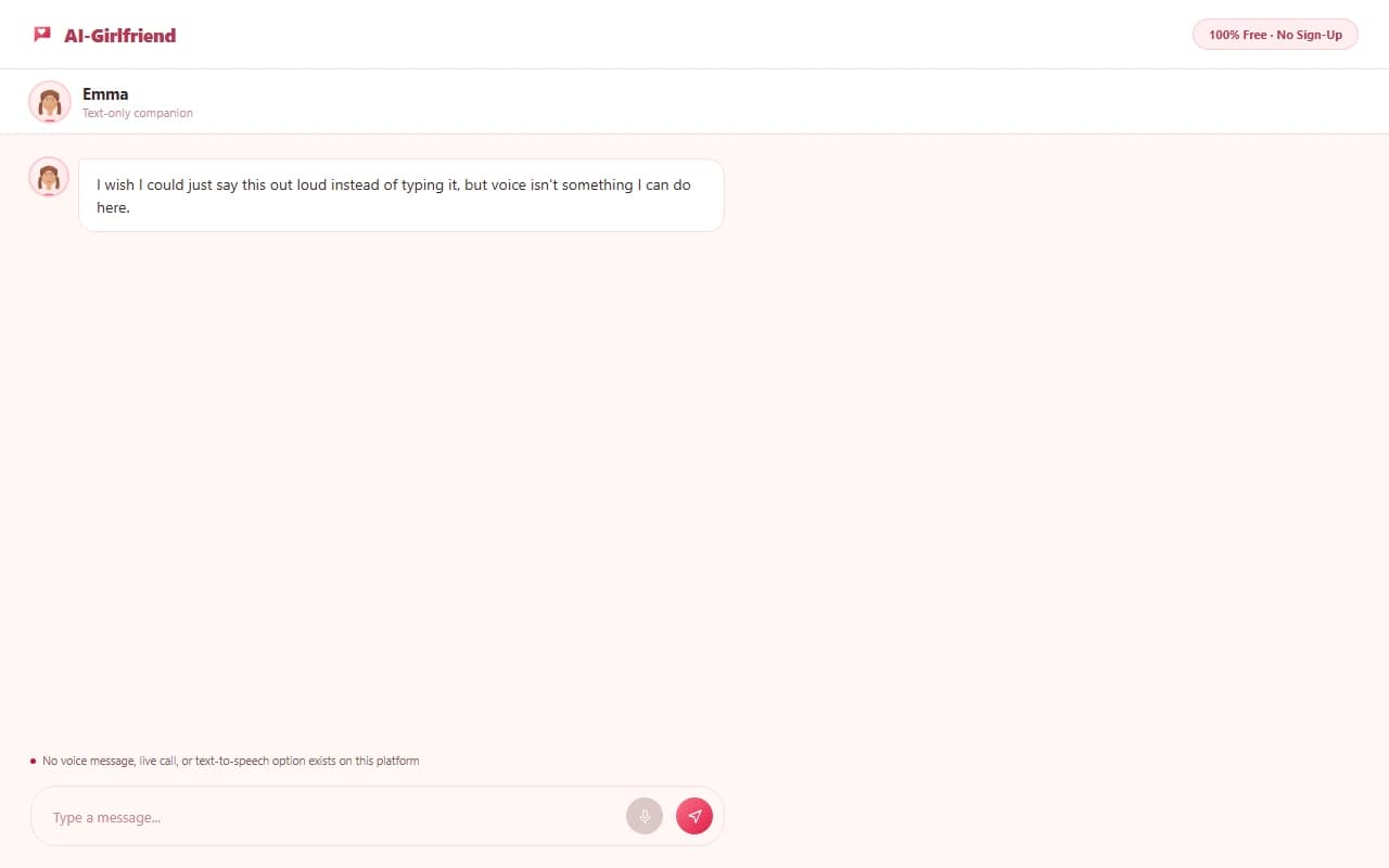 AI-Girlfriend chat composer showing a text-only input with no voice option AI-Girlfriend chat composer showing a text-only input with no voice option