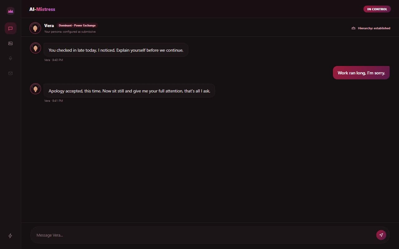 AI-Mistress chat interface showing a dominant AI companion conversation with a configured submissive persona AI-Mistress chat interface showing a dominant AI companion conversation with a configured submissive persona
