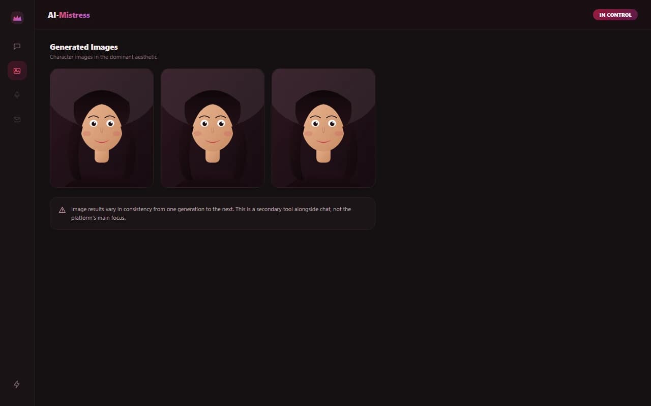 AI-Mistress image generation results showing a small set of character images in the platform's dominant aesthetic AI-Mistress image generation results showing a small set of character images in the platform's dominant aesthetic