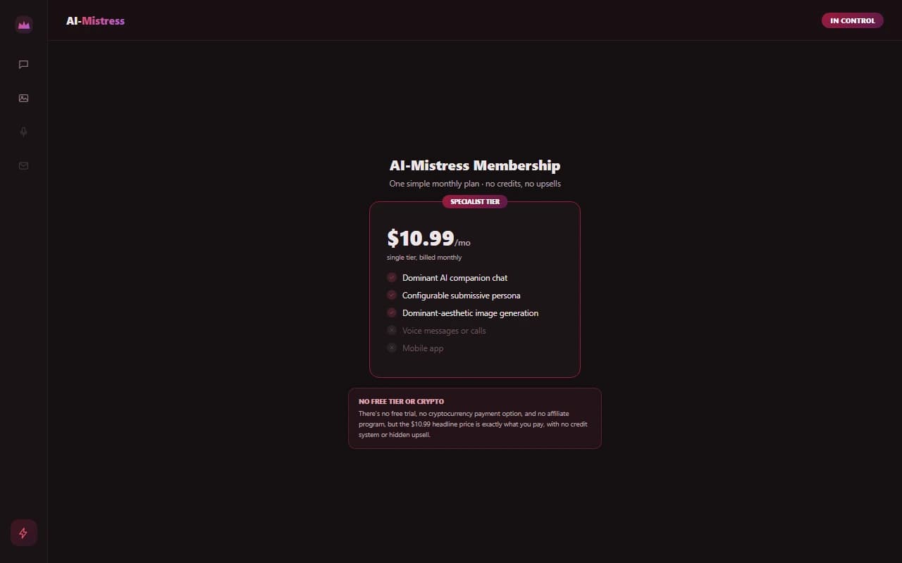 AI-Mistress pricing screen showing the single $10.99 per month plan AI-Mistress pricing screen showing the single $10.99 per month plan