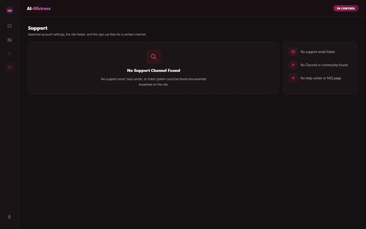 AI-Mistress account settings page with no support channel listed AI-Mistress account settings page with no support channel listed