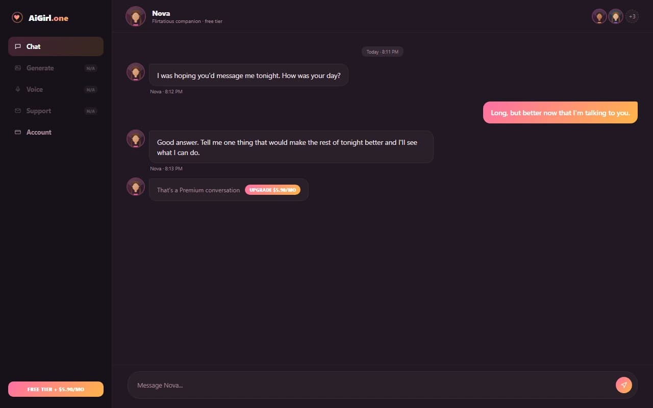 AiGirl.one chat interface showing a flirtatious conversation with an AI girlfriend persona AiGirl.one chat interface showing a flirtatious conversation with an AI girlfriend persona