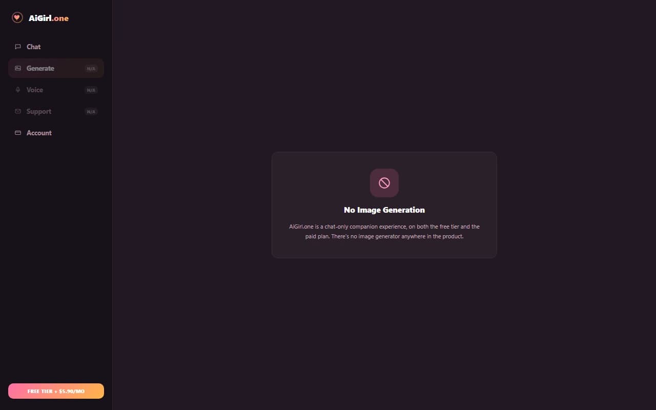 AiGirl.one interface confirming no image generation feature AiGirl.one interface confirming no image generation feature