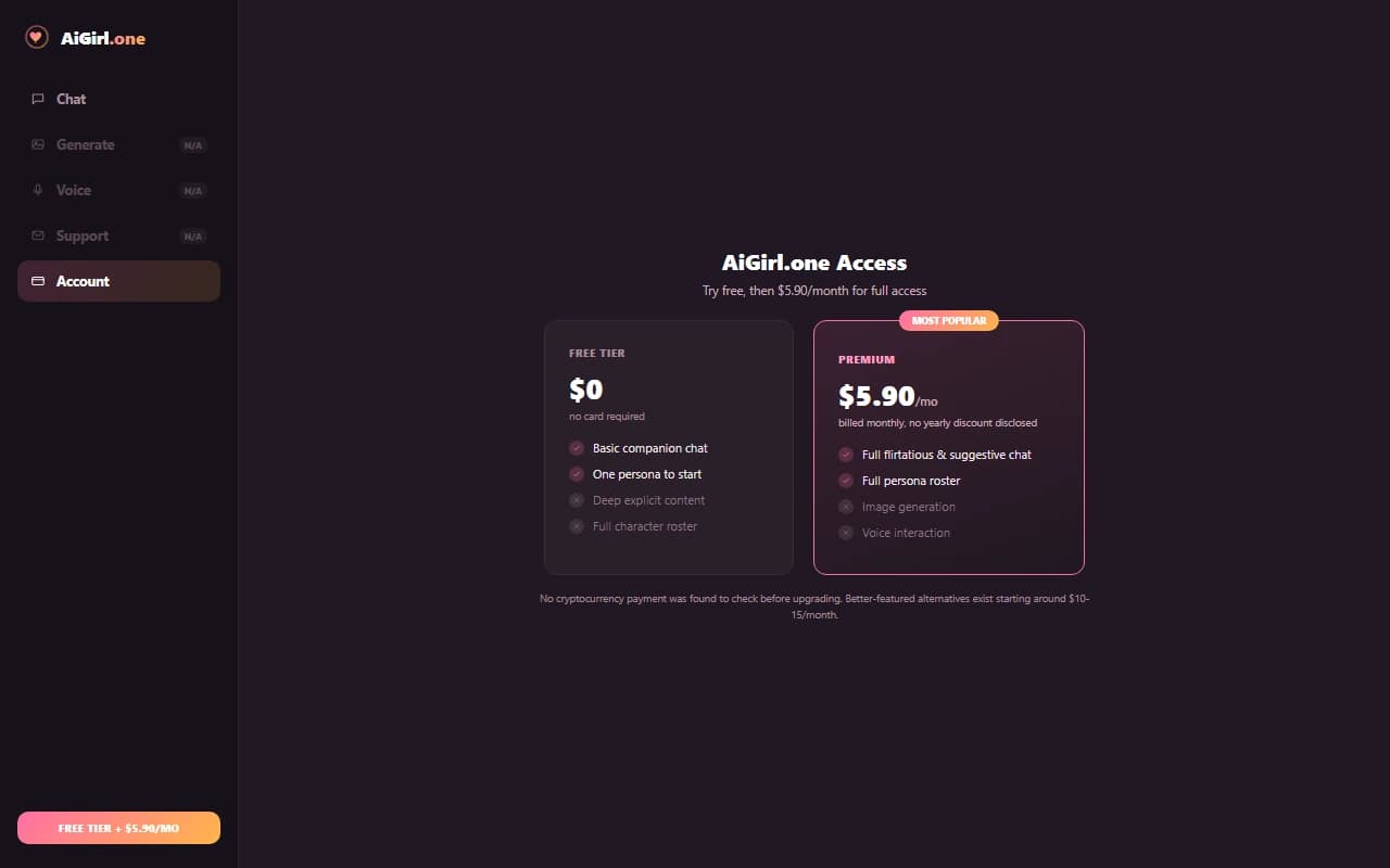 AiGirl.one free tier and $5.90 per month pricing plans AiGirl.one free tier and $5.90 per month pricing plans