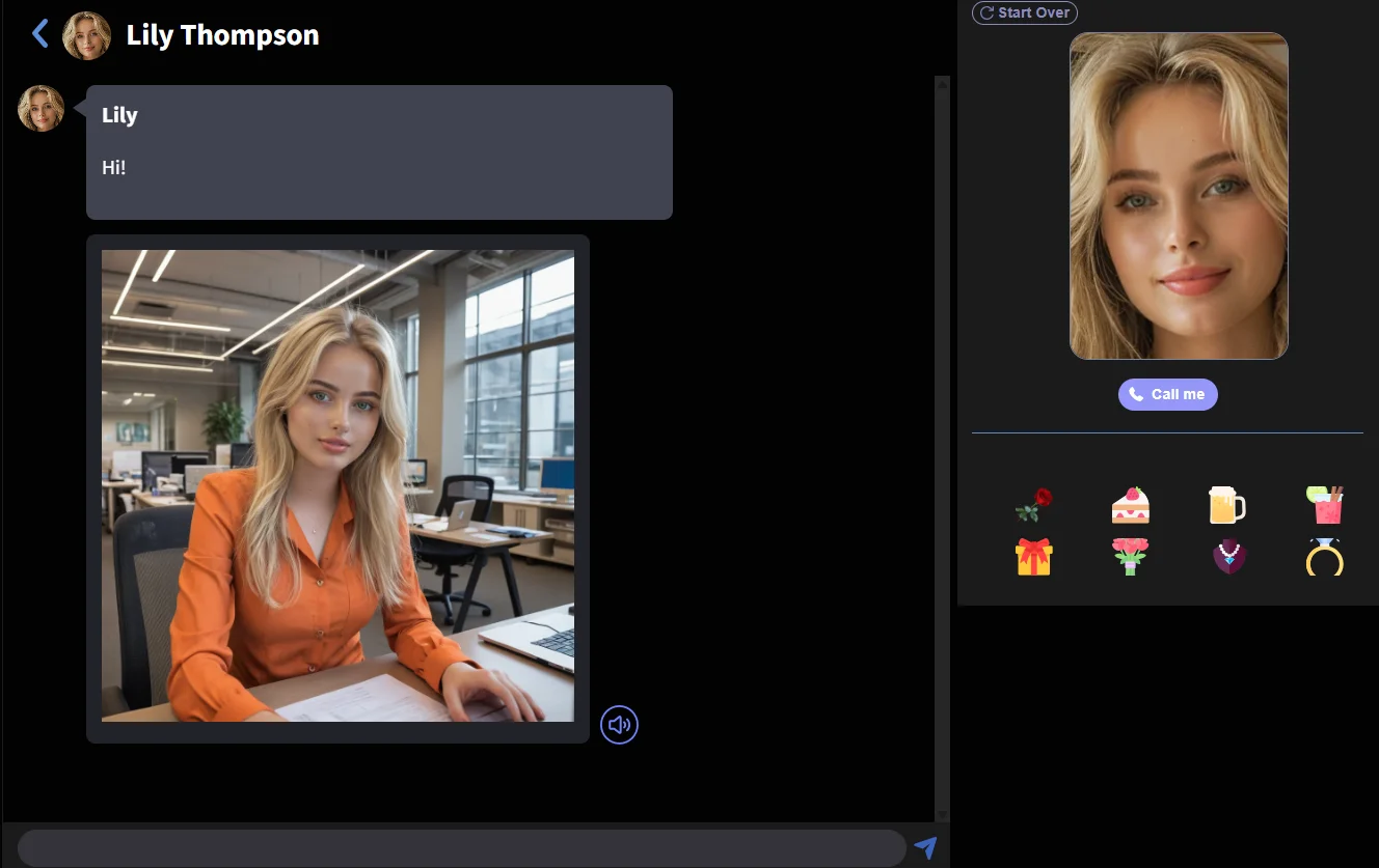 AIGirlfriends.ai chat interface showing a conversation with Lily Thompson and an AI-generated character image AIGirlfriends.ai chat interface showing a conversation with Lily Thompson and an AI-generated character image