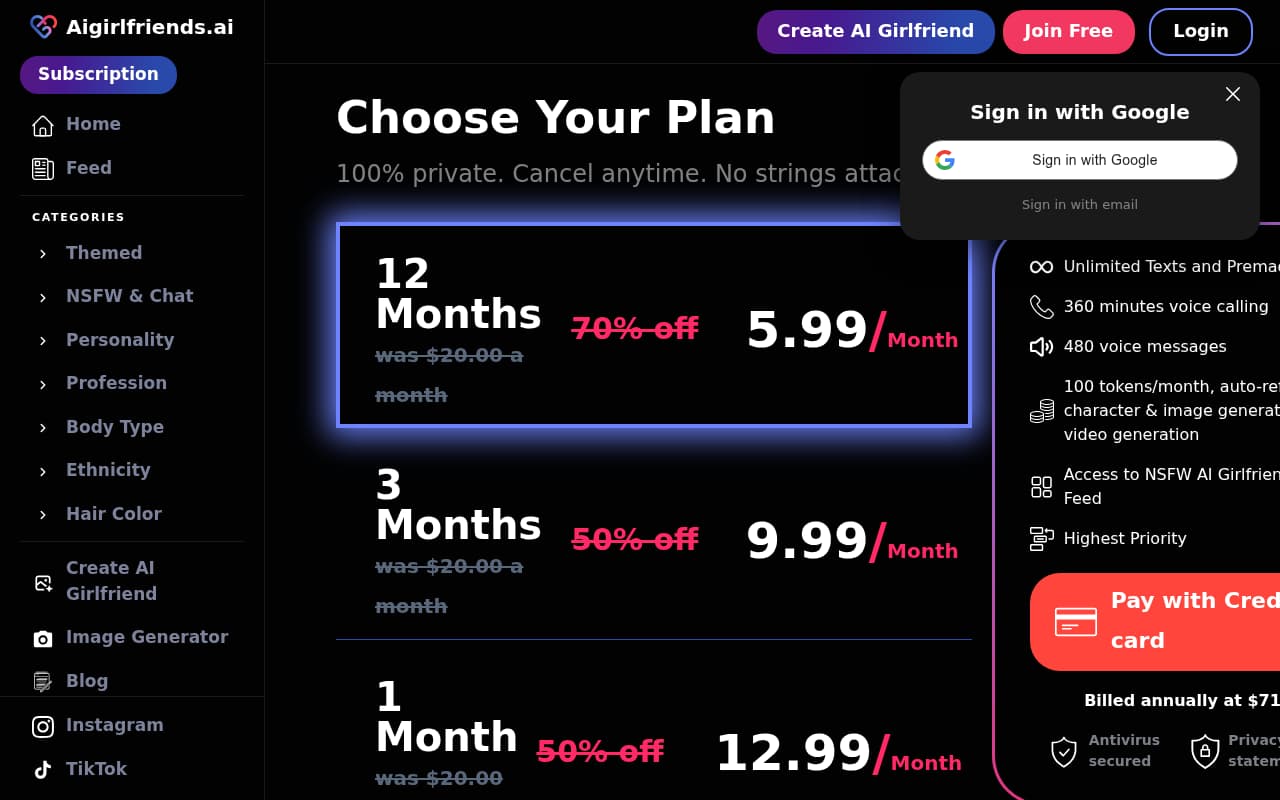 AIGirlfriends.ai subscription pricing plans showing monthly and annual options AIGirlfriends.ai subscription pricing plans showing monthly and annual options