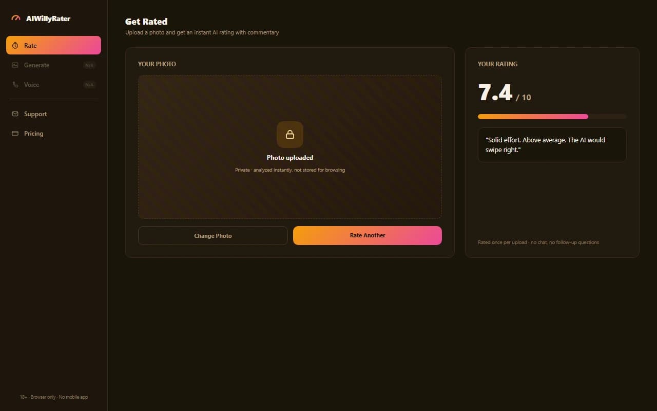 AIWillyRater upload and rating screen showing a photo upload area and a numeric score with a short comment, no chat conversation AIWillyRater upload and rating screen showing a photo upload area and a numeric score with a short comment, no chat conversation