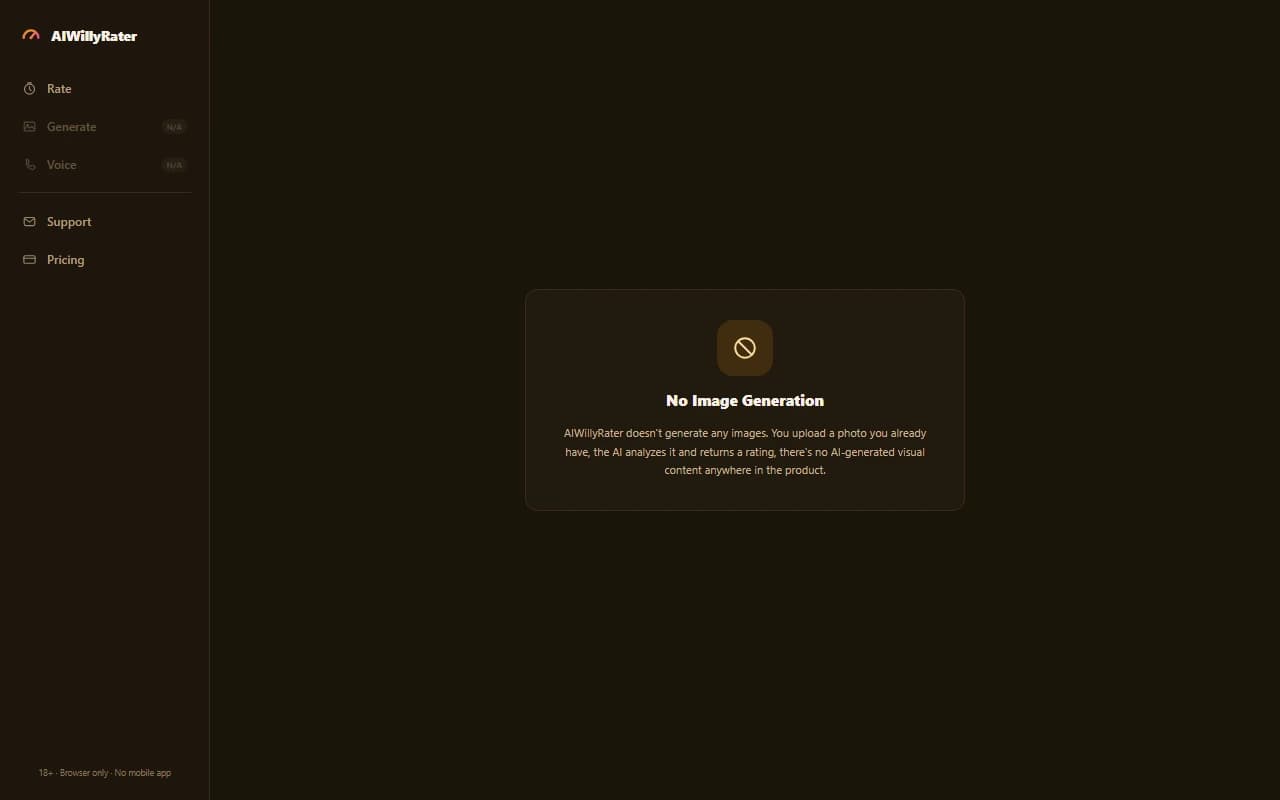 AIWillyRater generate screen showing that no image generation feature exists on the platform AIWillyRater generate screen showing that no image generation feature exists on the platform