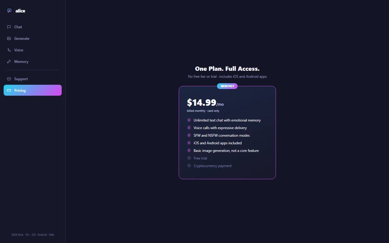 Alice pricing page showing the single $14.99 per month plan with iOS and Android app access included Alice pricing page showing the single $14.99 per month plan with iOS and Android app access included