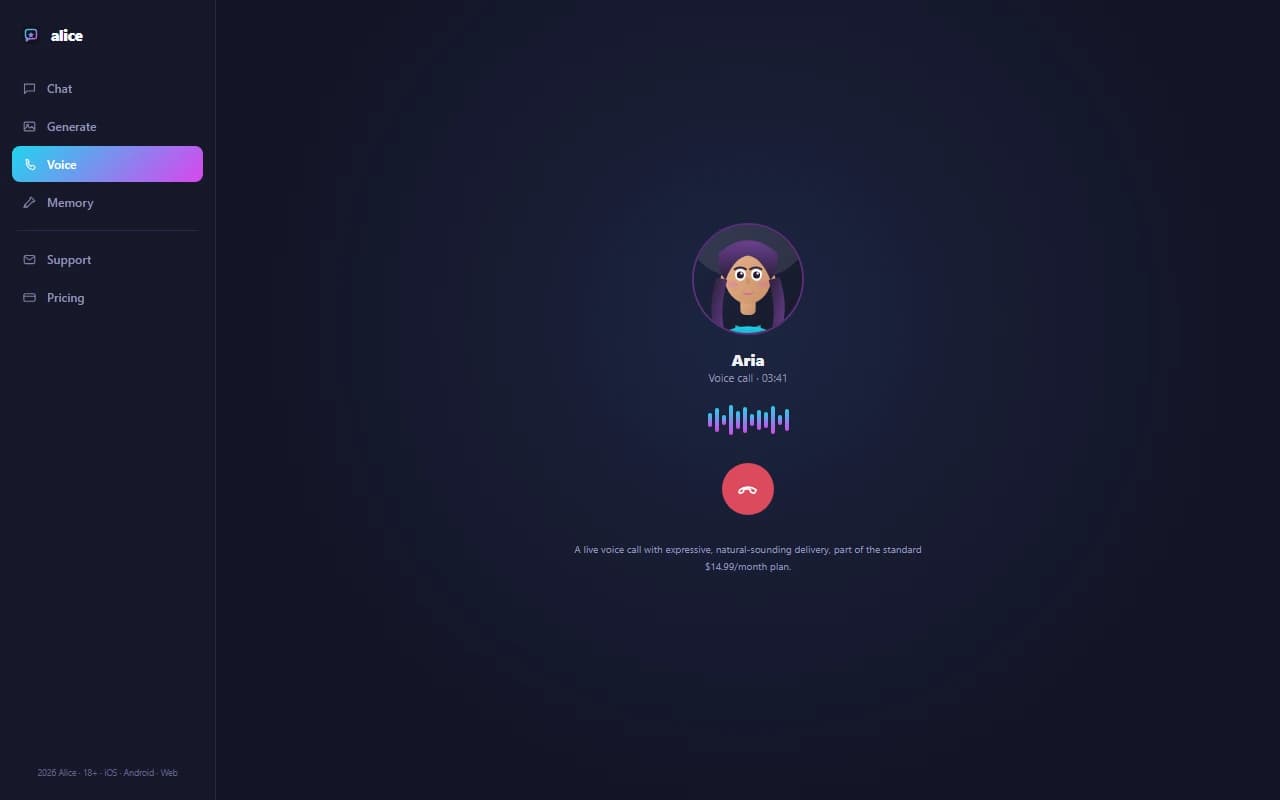 Alice live voice call screen showing an in-progress call with waveform and call timer Alice live voice call screen showing an in-progress call with waveform and call timer