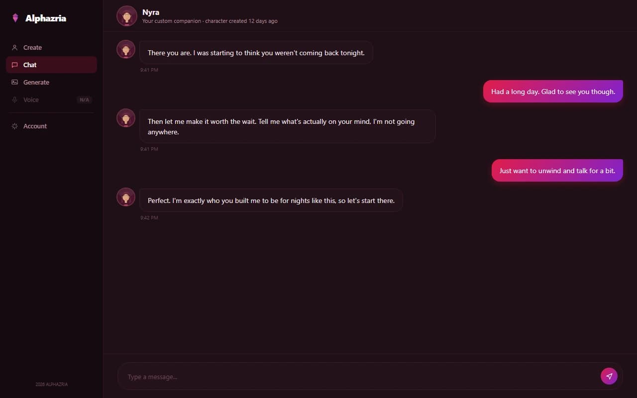 Alphazria chat interface showing a conversation with a custom-created companion character Alphazria chat interface showing a conversation with a custom-created companion character