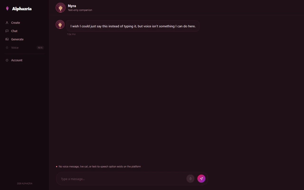 Alphazria chat composer showing a text-only input with no voice option available Alphazria chat composer showing a text-only input with no voice option available