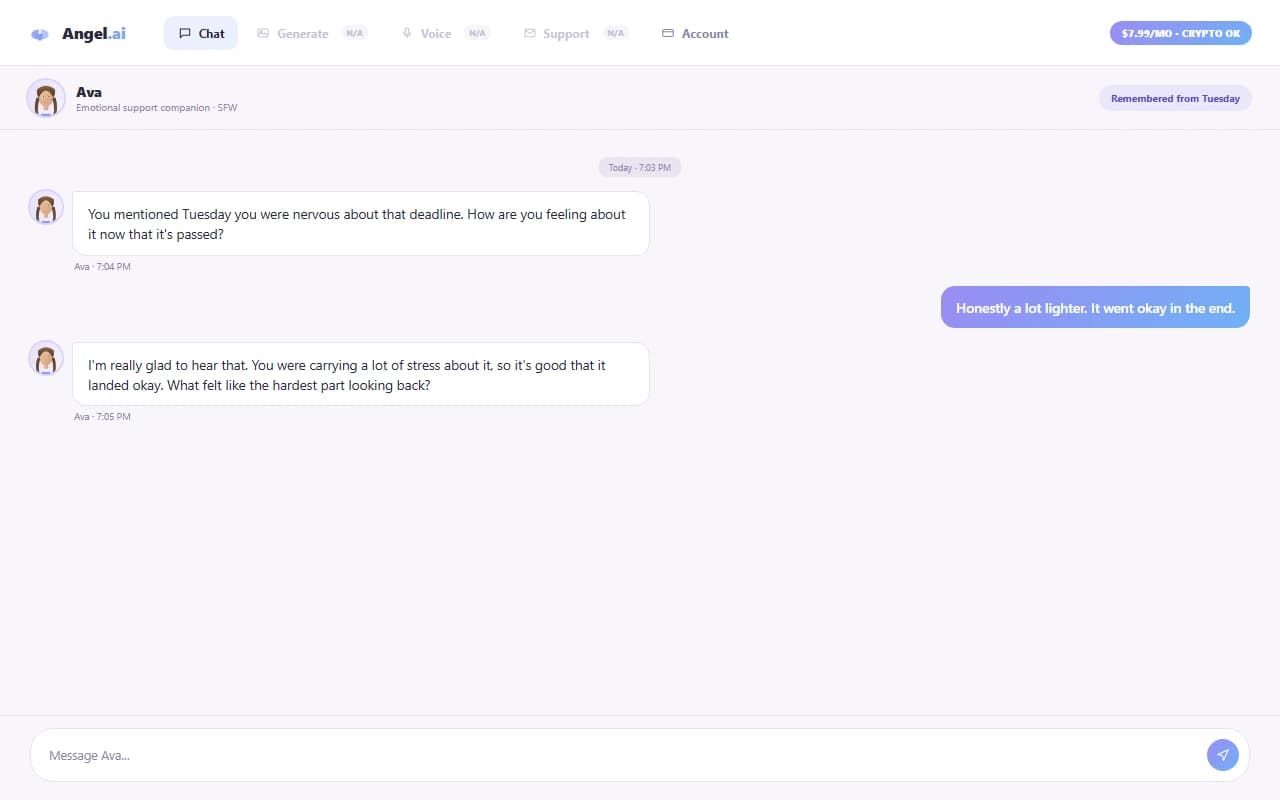 Angel.ai chat interface showing a warm, emotionally supportive conversation Angel.ai chat interface showing a warm, emotionally supportive conversation
