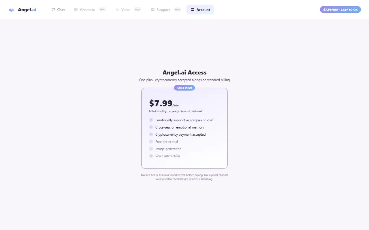 Angel.ai pricing page showing the free tier and Weekly, Monthly, and Annual paid plans Angel.ai pricing page showing the free tier and Weekly, Monthly, and Annual paid plans