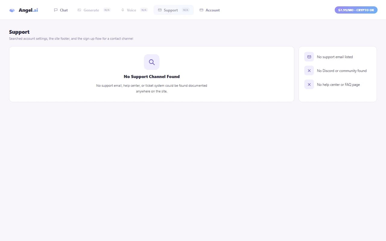 Angel.ai support page showing no listed contact channel Angel.ai support page showing no listed contact channel