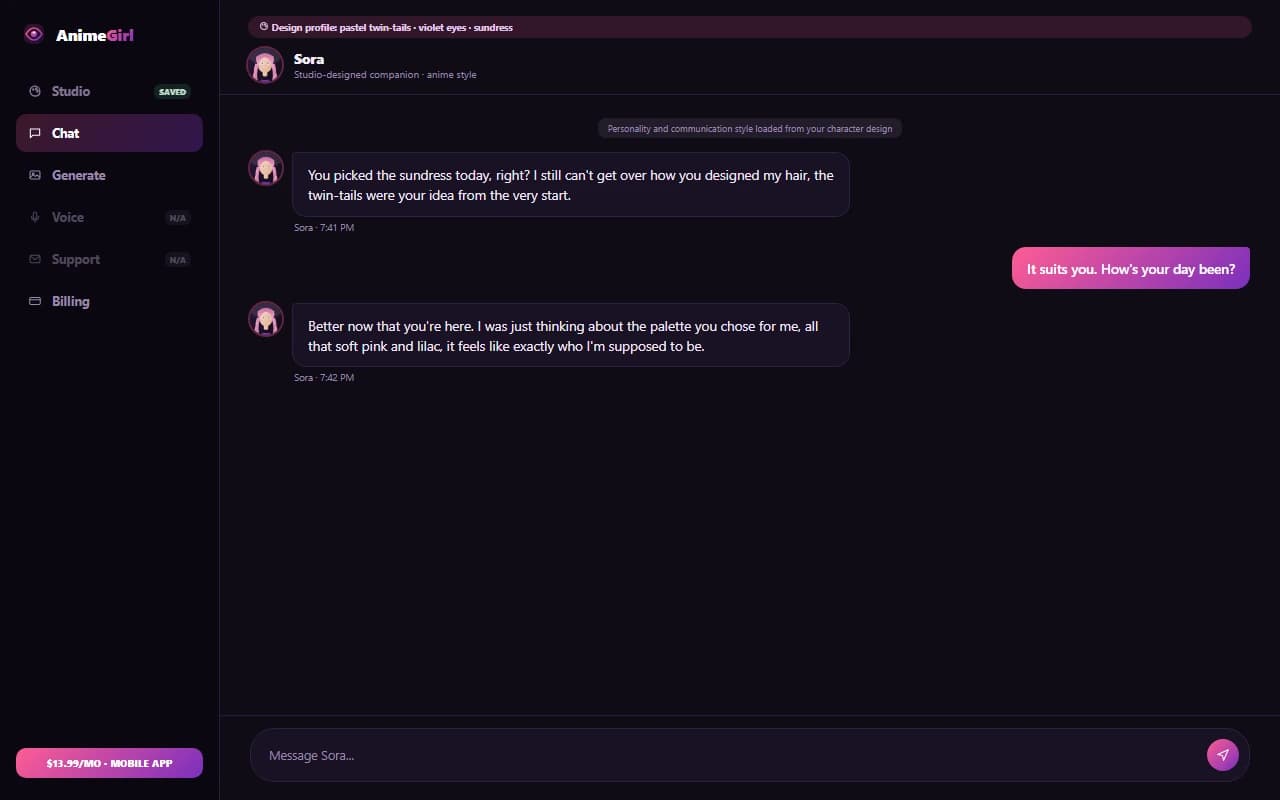 AnimeGirl.Studio chat interface showing a conversation with a custom-designed anime companion AnimeGirl.Studio chat interface showing a conversation with a custom-designed anime companion