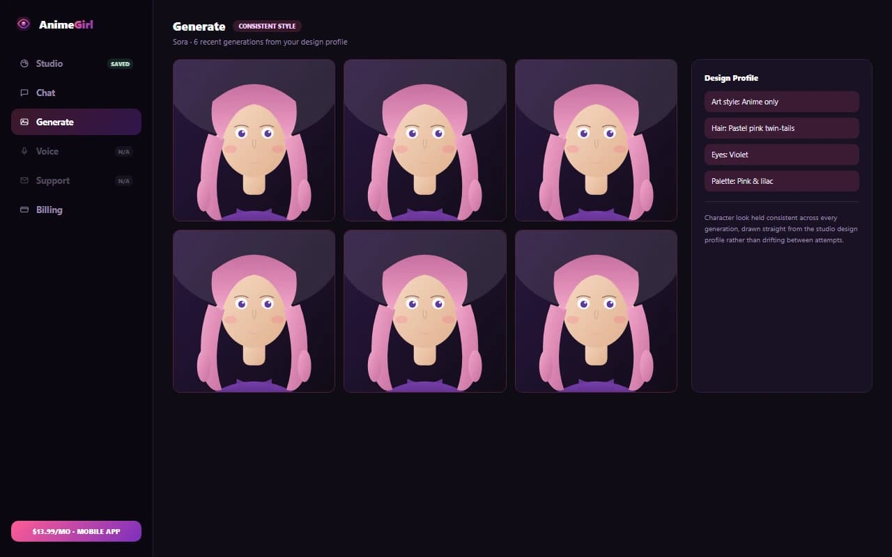 AnimeGirl.Studio image generation screen showing a custom character's consistent art style across results AnimeGirl.Studio image generation screen showing a custom character's consistent art style across results