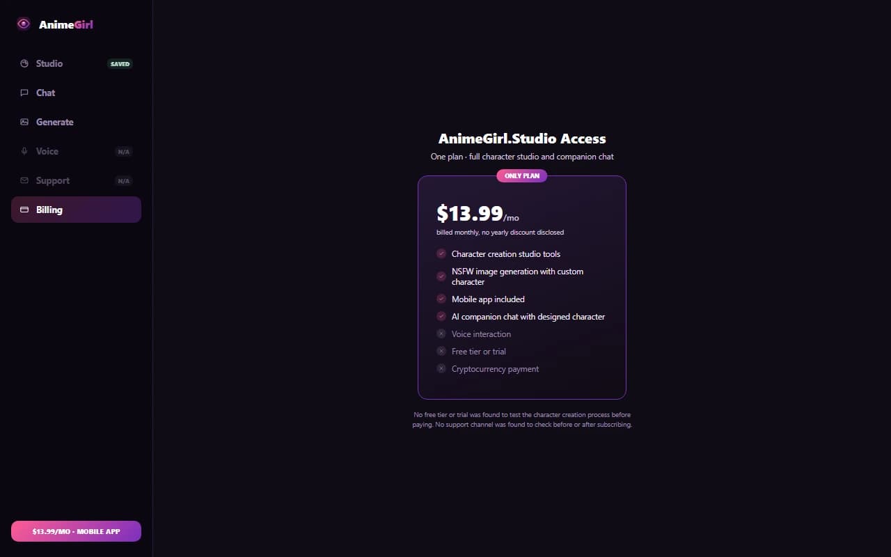 AnimeGirl.Studio pricing plan showing the single $13.99 monthly subscription AnimeGirl.Studio pricing plan showing the single $13.99 monthly subscription