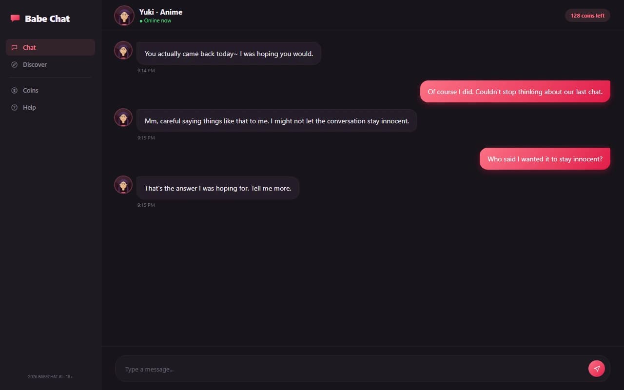 BabeChat chat interface showing a conversation with an anime-style AI companion BabeChat chat interface showing a conversation with an anime-style AI companion
