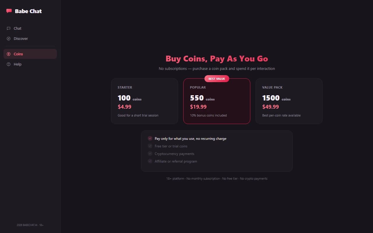BabeChat pricing page showing coin package options BabeChat pricing page showing coin package options