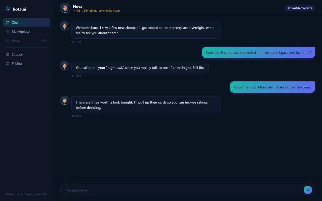 Bot3.ai chat interface showing a conversation with a top-rated community marketplace character Bot3.ai chat interface showing a conversation with a top-rated community marketplace character