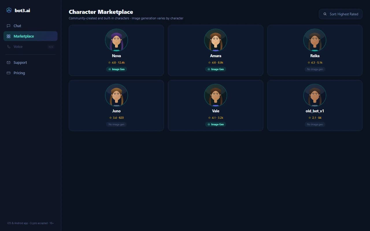 Bot3.ai character marketplace grid showing that image generation is only available on some characters Bot3.ai character marketplace grid showing that image generation is only available on some characters