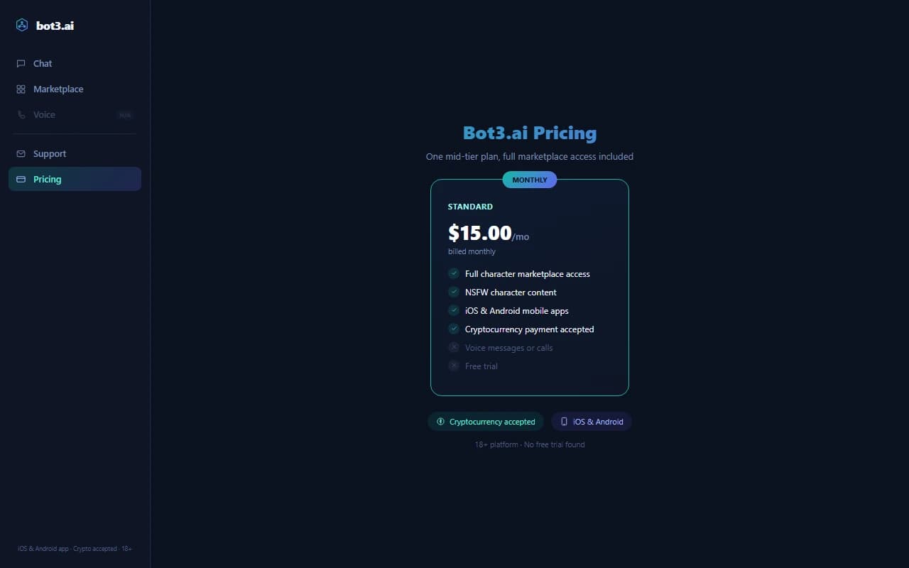 Bot3.ai pricing page showing the single $15 per month plan with crypto payment accepted Bot3.ai pricing page showing the single $15 per month plan with crypto payment accepted