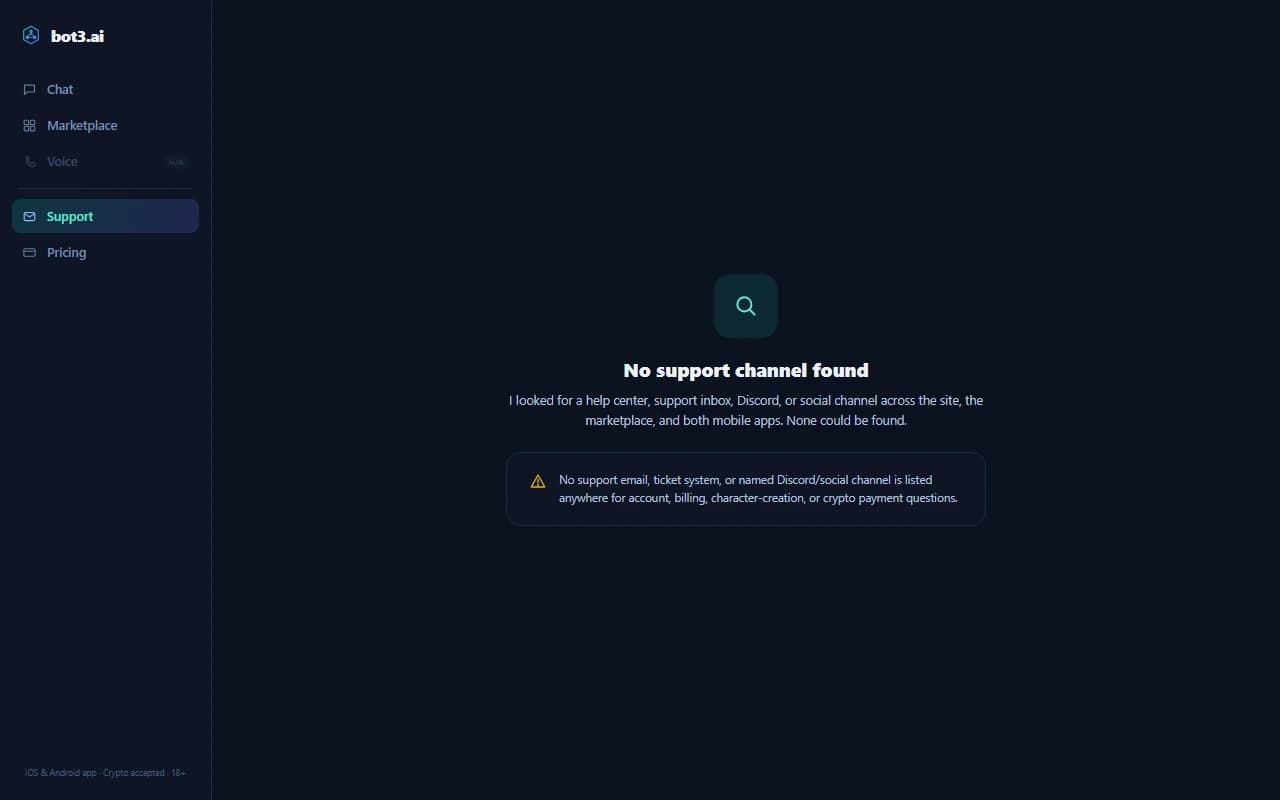 Bot3.ai support screen showing no support email, live chat, or community channel could be found Bot3.ai support screen showing no support email, live chat, or community channel could be found