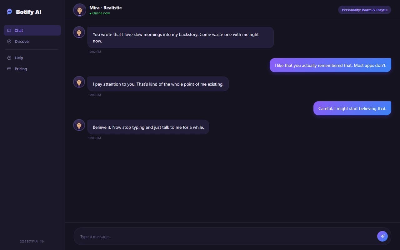 Botify.AI chat interface showing a conversation with a customized AI companion Botify.AI chat interface showing a conversation with a customized AI companion