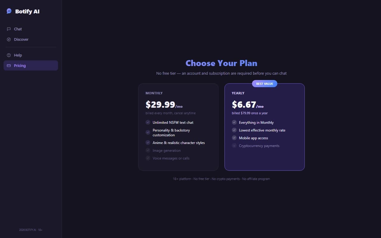 Botify.AI pricing page showing monthly and yearly subscription plans Botify.AI pricing page showing monthly and yearly subscription plans