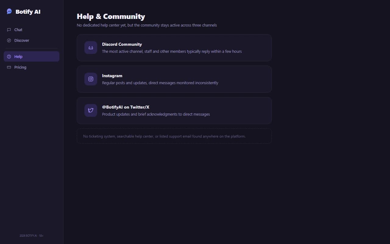 Botify.AI help and community page showing Discord, Instagram, and Twitter support channels Botify.AI help and community page showing Discord, Instagram, and Twitter support channels